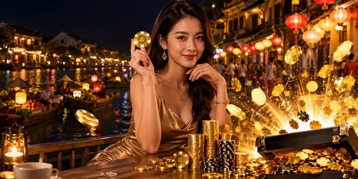Người dùng kiểm tra mã voucher trên điện thoại tại phố cổ Hội An buổi tối